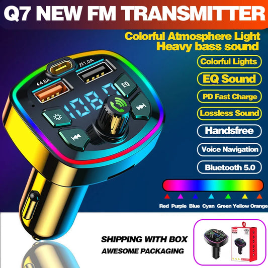 Car Bluetooth 5.0 Charger FM Transmitter PD 18W Type-C Dual USB 3.1A Colorful Ambient Light  Cigarette lighter MP3 Music Player