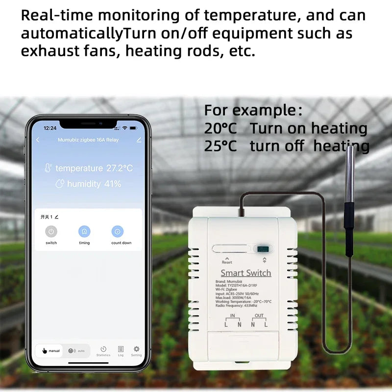 Mumubiz Tuya Zigbee Switch With Temperature Humidity Sensor ,Smart 16A 3000W Thermostat TH16 Data Monitoring Alexa Compatible