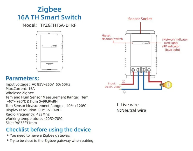 Mumubiz Tuya Zigbee Switch With Temperature Humidity Sensor ,Smart 16A 3000W Thermostat TH16 Data Monitoring Alexa Compatible