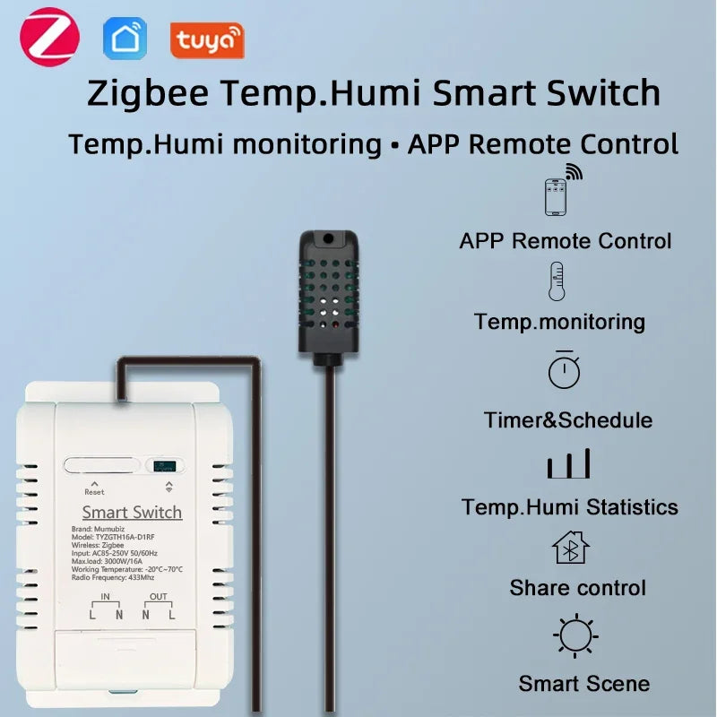 Mumubiz Tuya Zigbee Switch With Temperature Humidity Sensor ,Smart 16A 3000W Thermostat TH16 Data Monitoring Alexa Compatible