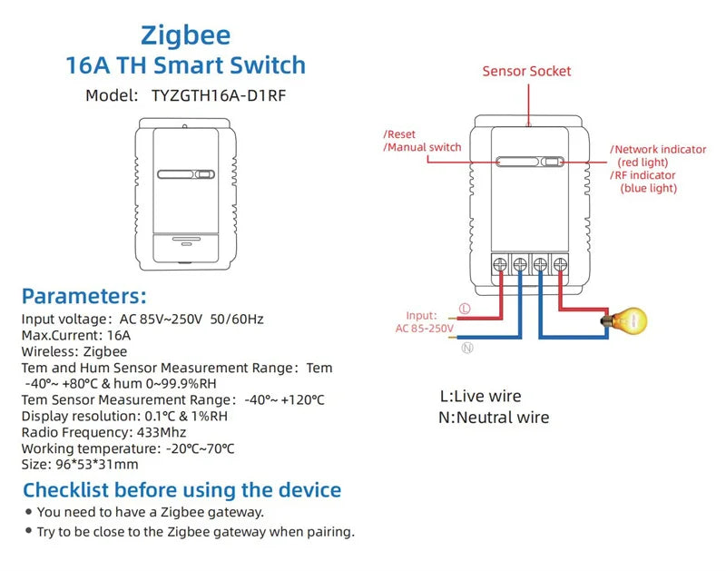 Tuya Smart Zigbee Switch 16A 3000W Real-time Temperature and Humidity Monitoring Zigbee Thermostat Alexa Alice Compatible