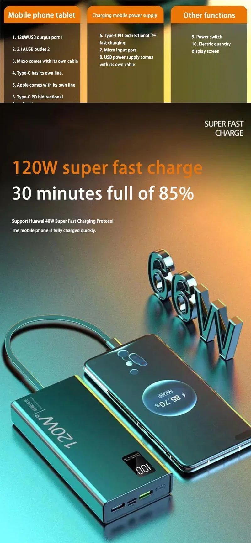 Lenovo 50000mAh High Capacity Power Bank 4 in 1 120W Fast Charging Powerbank Portable Battery Charger For iPhone Samsung Huawei