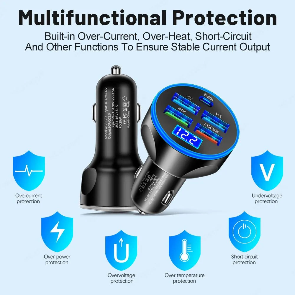 4usb PD 250W Car Charger Type C Fast Charging Auto Mobile Phone Adapter For iPhone Samsung Huawei Xiaomi QC 3.0