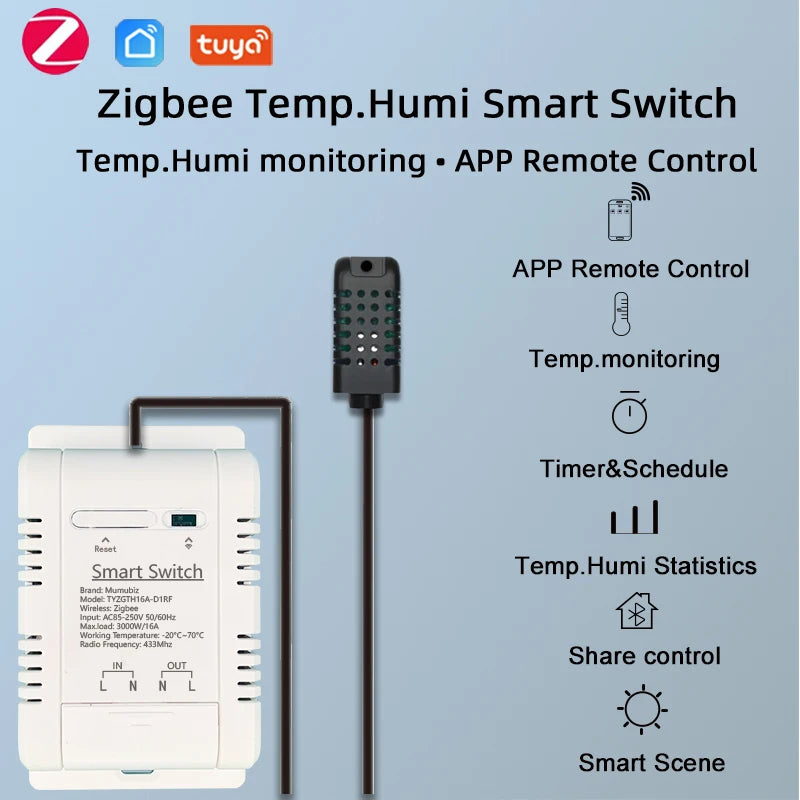 Tuya Smart Zigbee Switch 16A 3000W Real-time Temperature and Humidity Monitoring Zigbee Thermostat Alexa Alice Compatible