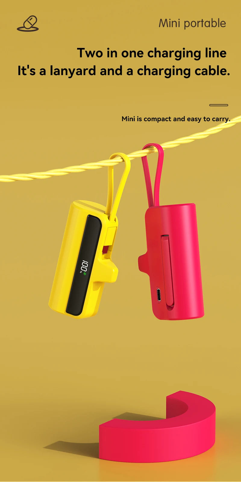 Xiaomi 50000mah Mini Capsule Power Bank Built In Cable Stand Powerbank Portable Pocket External Battery Type-C Ios Interface