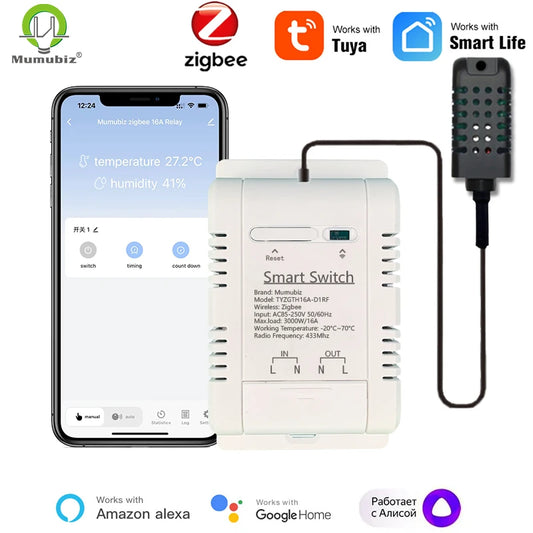 Tuya Smart Zigbee Switch 16A 3000W Real-time Temperature and Humidity Monitoring Zigbee Thermostat Alexa Alice Compatible