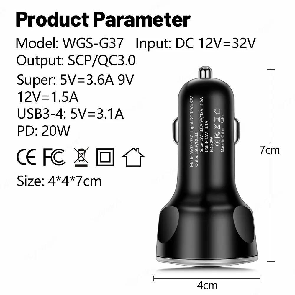 4usb PD 250W Car Charger Type C Fast Charging Auto Mobile Phone Adapter For iPhone Samsung Huawei Xiaomi QC 3.0