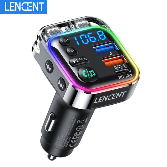 LENCENT Bluetooth 5.3 FM Transmitter PD 30W & QC3.0 Fast Charger Bluetooth car Adapter Hi-Fi Music/Clear Calling Car Kit