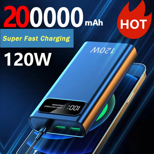 200000mAh 120W Power Bank Super Fast Charging Ultra-High Capacity Digital Display External Battery PowerBank For iPhone Xiaomi