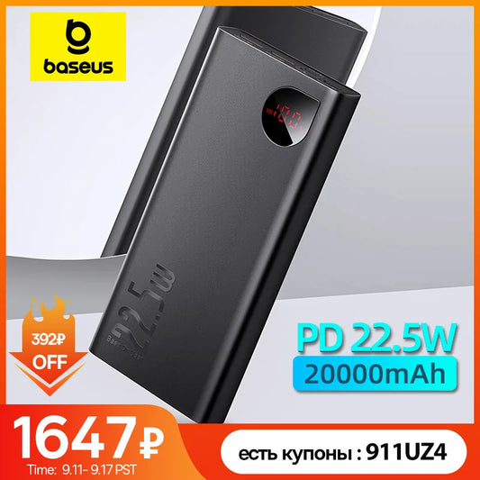 Baseus 22.5W Power Bank 20000mAh Portable Fast Charging Powerbank Type C PD Qucik Charge External Battery Charger For iPhone 15