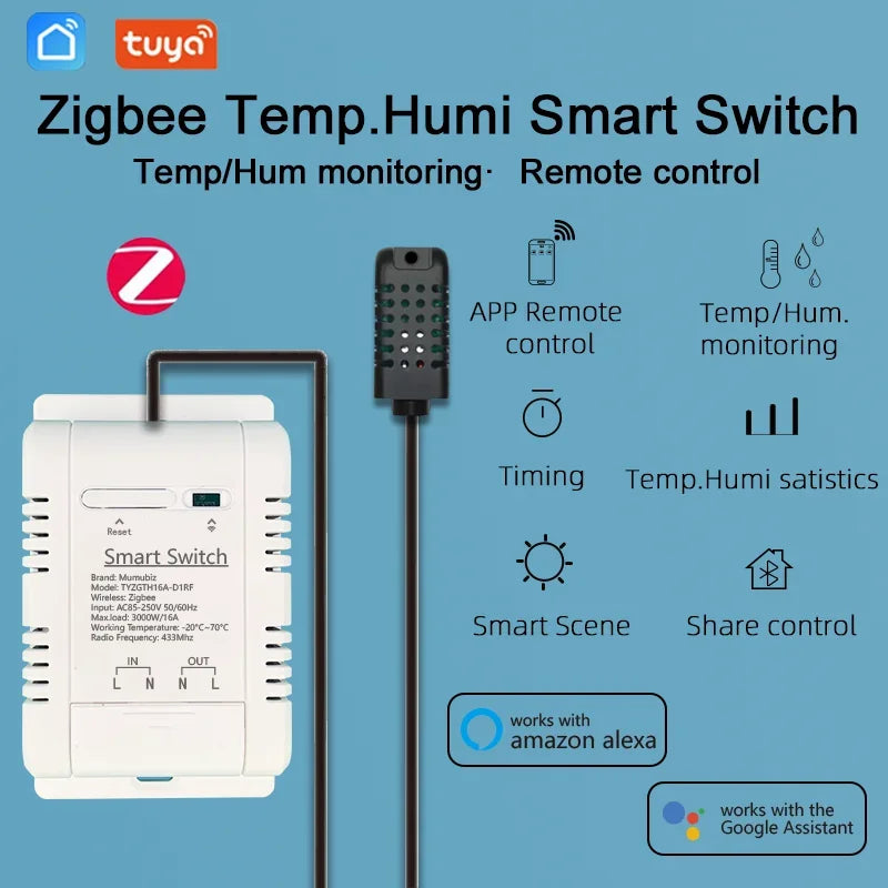 Mumubiz Tuya Zigbee Switch With Temperature Humidity Sensor ,Smart 16A 3000W Thermostat TH16 Data Monitoring Alexa Compatible