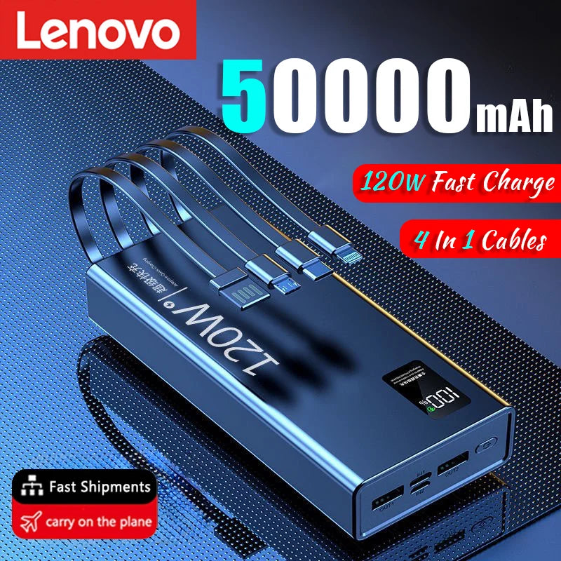 Lenovo 50000mAh High Capacity Power Bank 4 in 1 120W Fast Charging Powerbank Portable Battery Charger For iPhone Samsung Huawei